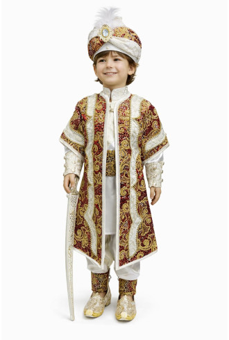 Desenli Şehzade Krem Bordo Kum Boncuklu Sünnet Takımı