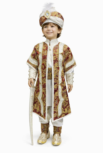 Desenli Şehzade Krem Bordo Kum Boncuklu Sünnet Takımı