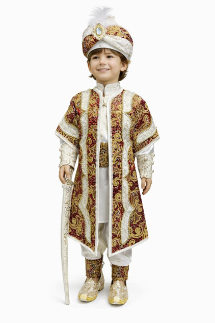 Desenli Şehzade Krem Bordo Kum Boncuklu Sünnet Takımı