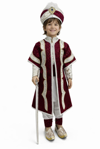 Desenli Şehzade Bordo Krem Baskılı Sünnet Takımı