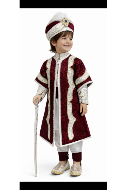 Desenli Şehzade Bordo Krem Baskılı Sünnet Takımı