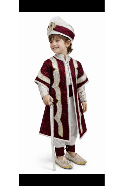 Desenli Şehzade Bordo Krem Baskılı Sünnet Takımı