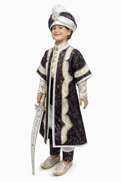 Desenli Şehzade Krem Bordo Göz Desen Sünnet Takımı