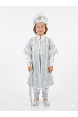 Desenli Şehzade Beyaz Açık Turkuaz Sünnet Takımı
