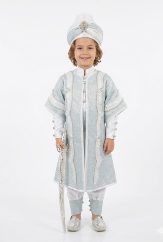 Desenli Şehzade Beyaz Açık Turkuaz Sünnet Takımı