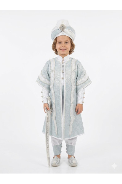 Desenli Şehzade Beyaz Açık Turkuaz Sünnet Takımı