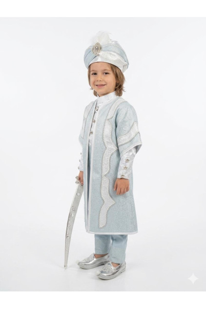 Desenli Şehzade Beyaz Açık Turkuaz Sünnet Takımı