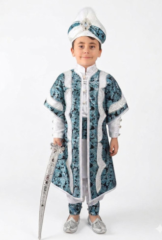 Desenli Şehzade Turkuaz Beyaz Sünnet Takımı