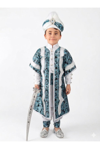 Desenli Şehzade Turkuaz Beyaz Sünnet Takımı
