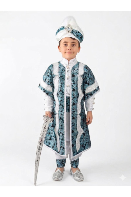 Desenli Şehzade Turkuaz Beyaz Sünnet Takımı