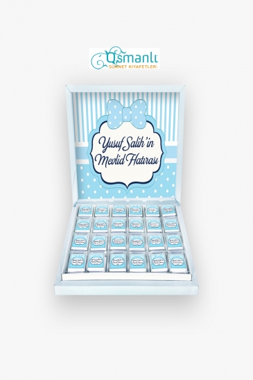100 Adet Mavi Karton Kutulu İsme Özel Erkek Bebek Sünnet Çikolatası